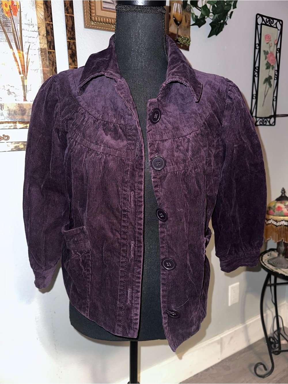 Y2K H&M Plum Purple Corduroy Jacket Pockets Button Front 3/4 Sleeve Short, Sz 8